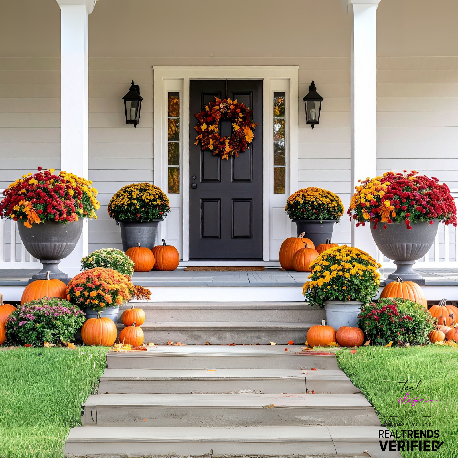 A front porch of a Maryland home decorated for fall, featuring pumpkins, colorful mums, and a wreath on the door. The seasonal curb appeal reflects how to prepare a home for a quick sale in fall, as discussed in the blog ‘How to Prep Your Maryland Home for a Quick Sale This Fall’ by The Teal Clise Group