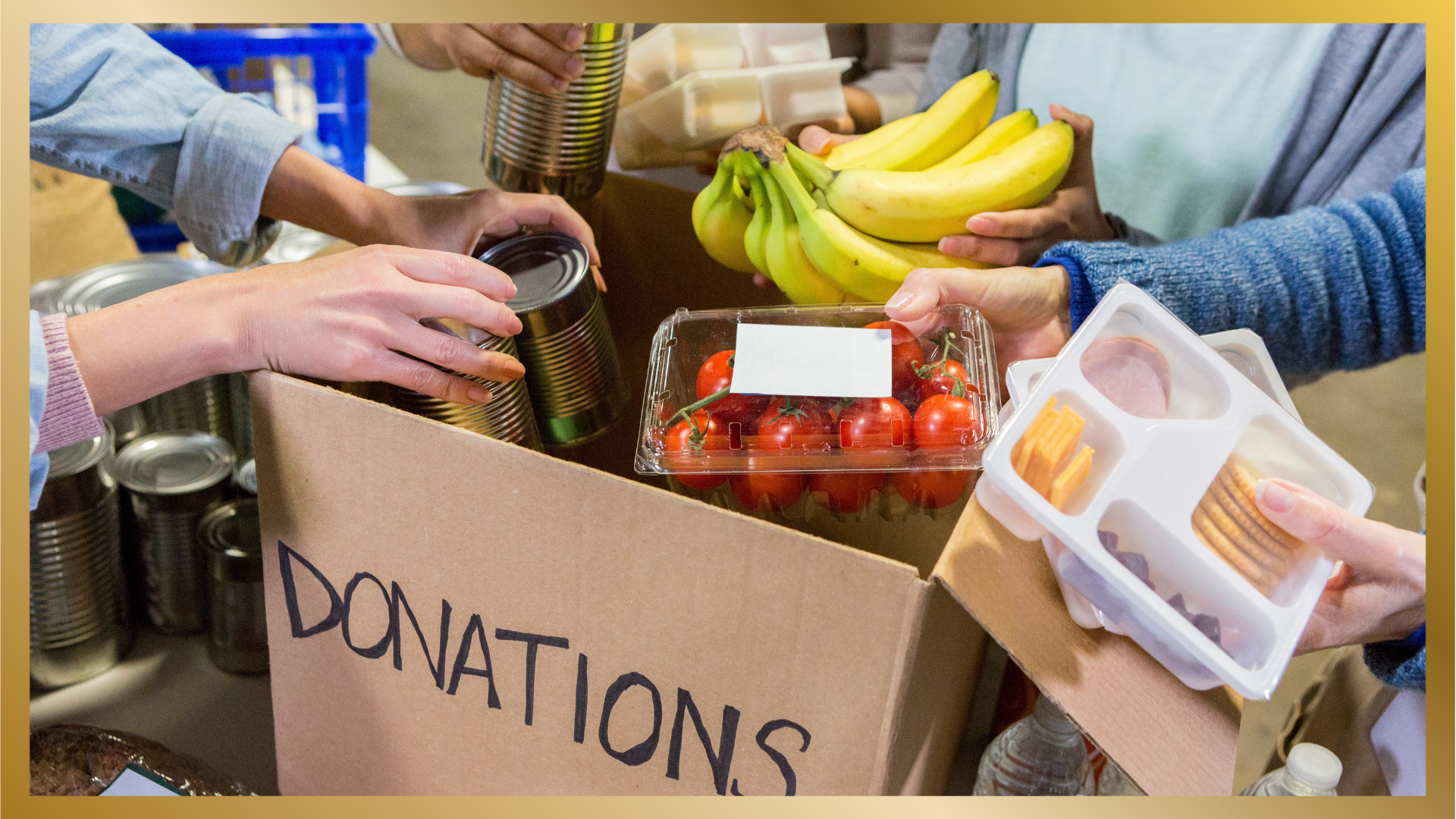 Food being dropped off in a box labeled 'donations'