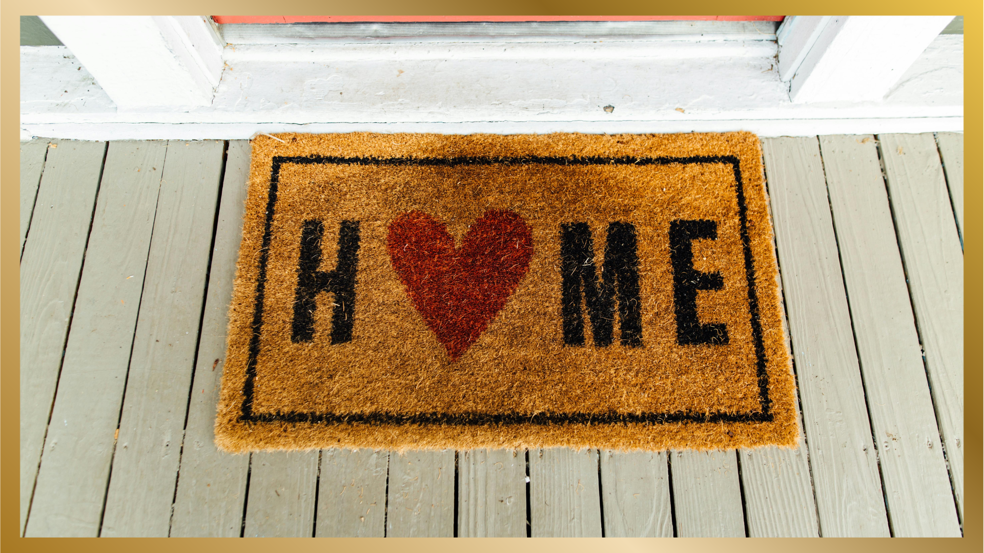 Welcome mat that says the word 'HOME' with a heart as the letter 'O'