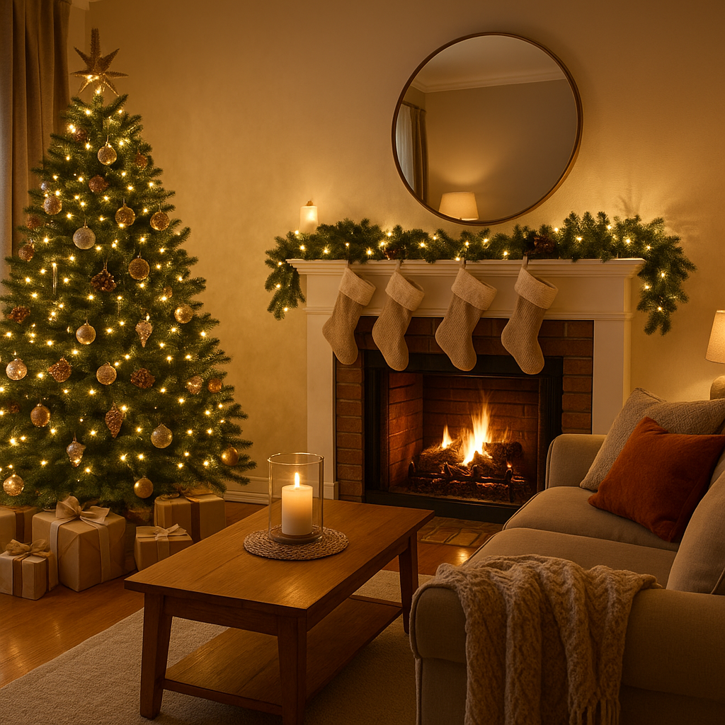 living room fireplace christmas scene