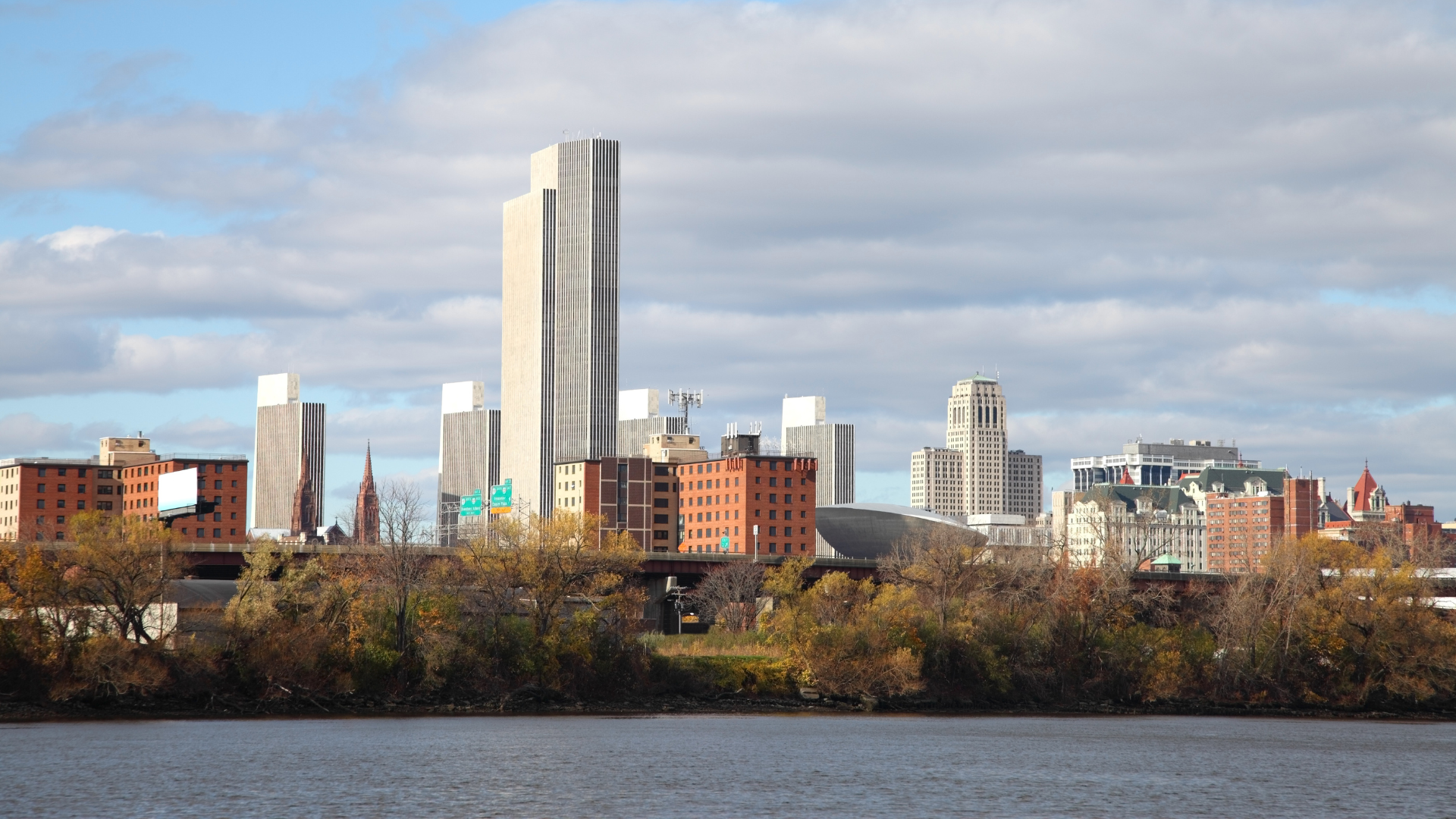 View of downtown Albany, New York, showcasing historic architecture and city skyline