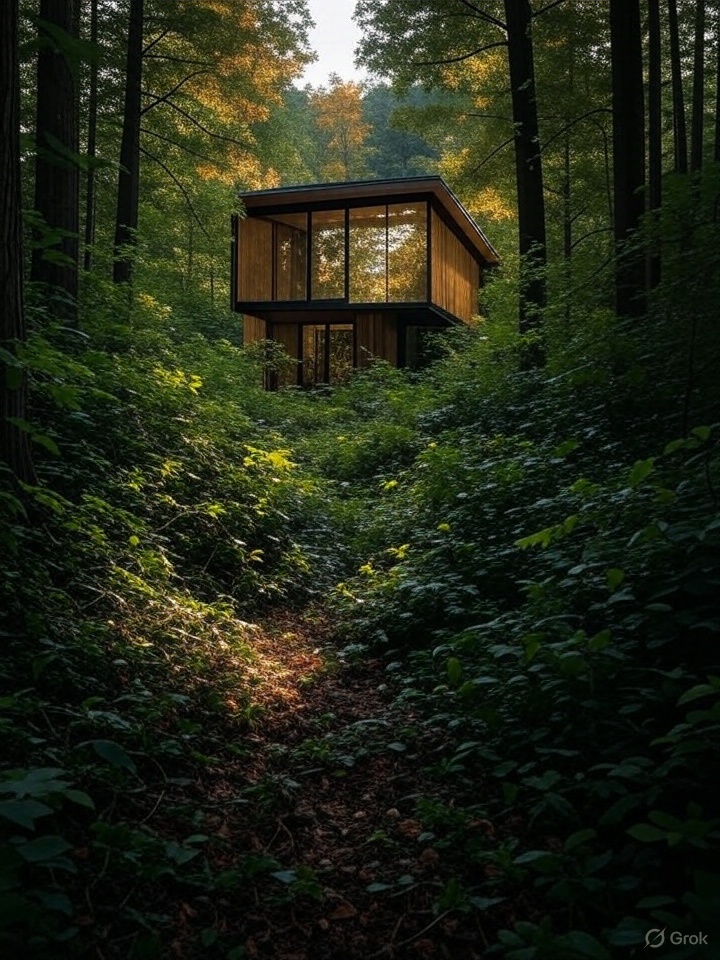 A modern house with large glass windows is partially visible in the distance through a dense, thick forest of tall trees and lush green foliage, with no clear path leading to it, symbolizing the challenging journey to achieving a dream result.