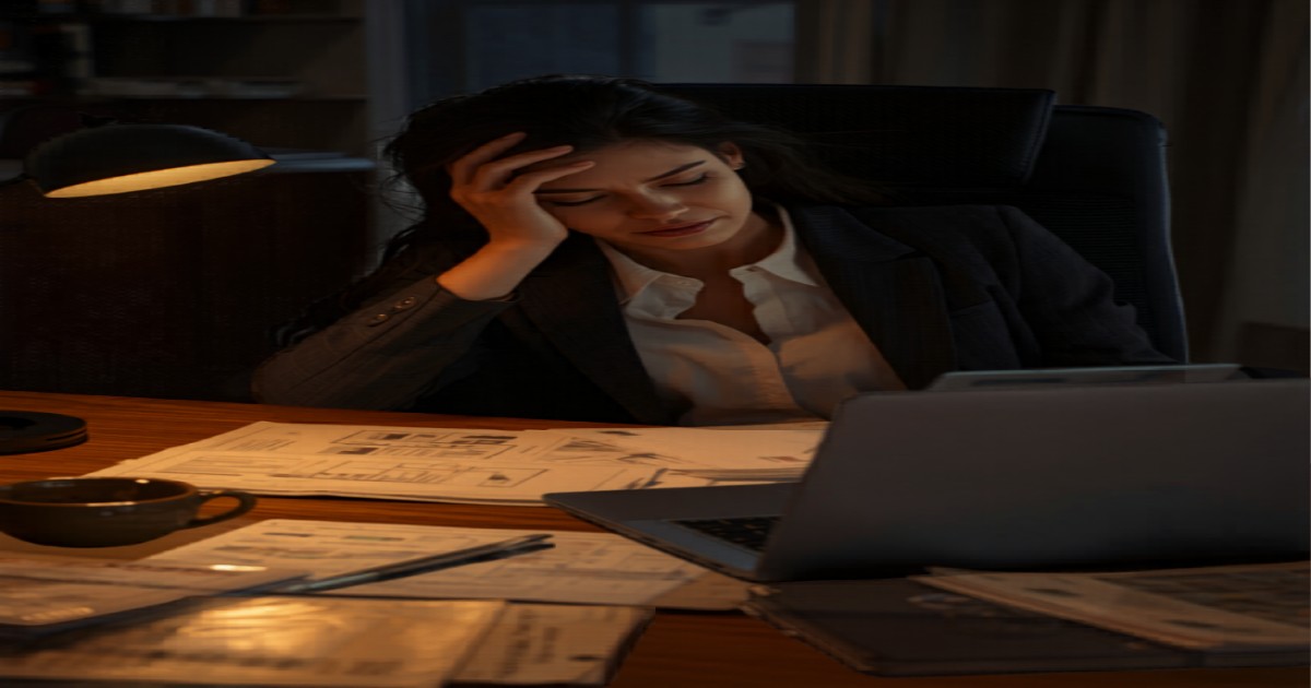 Exhausted female real estate agent overwhelmed at desk in El Dorado Hills — Yoffie Real Estate Group leverage model