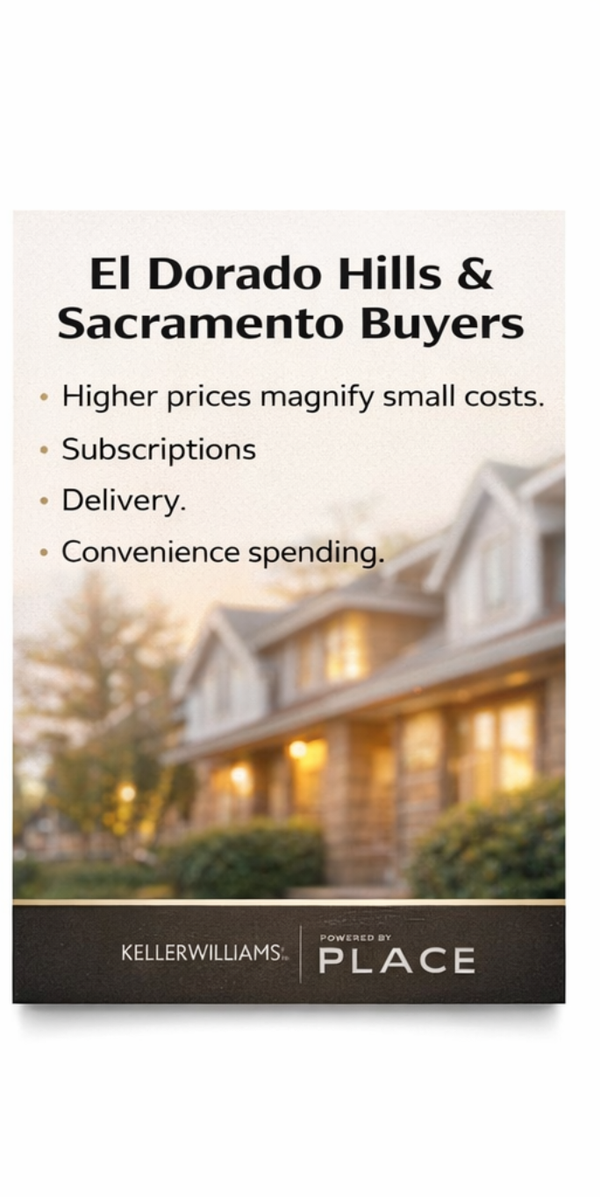 Graphic showing El Dorado Hills and Sacramento buyers face magnified impacts of subscriptions, delivery, and convenience spending on housing budgets