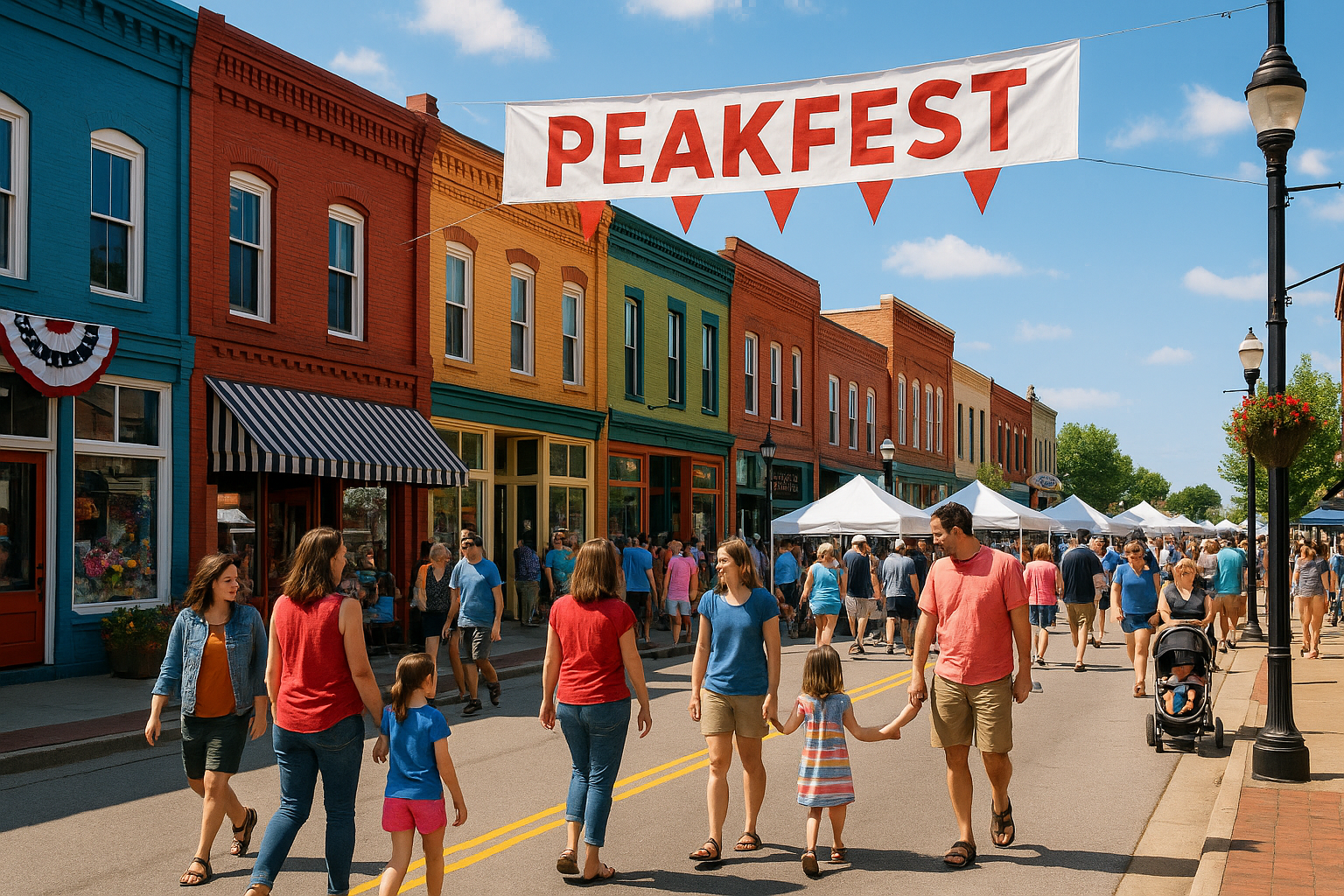 A vibrant photo of Apex’s historic downtown with colorful shopfronts and families enjoying PeakFest, or Cary’s Bond Park with people strolling along greenways under a sunny sky. 