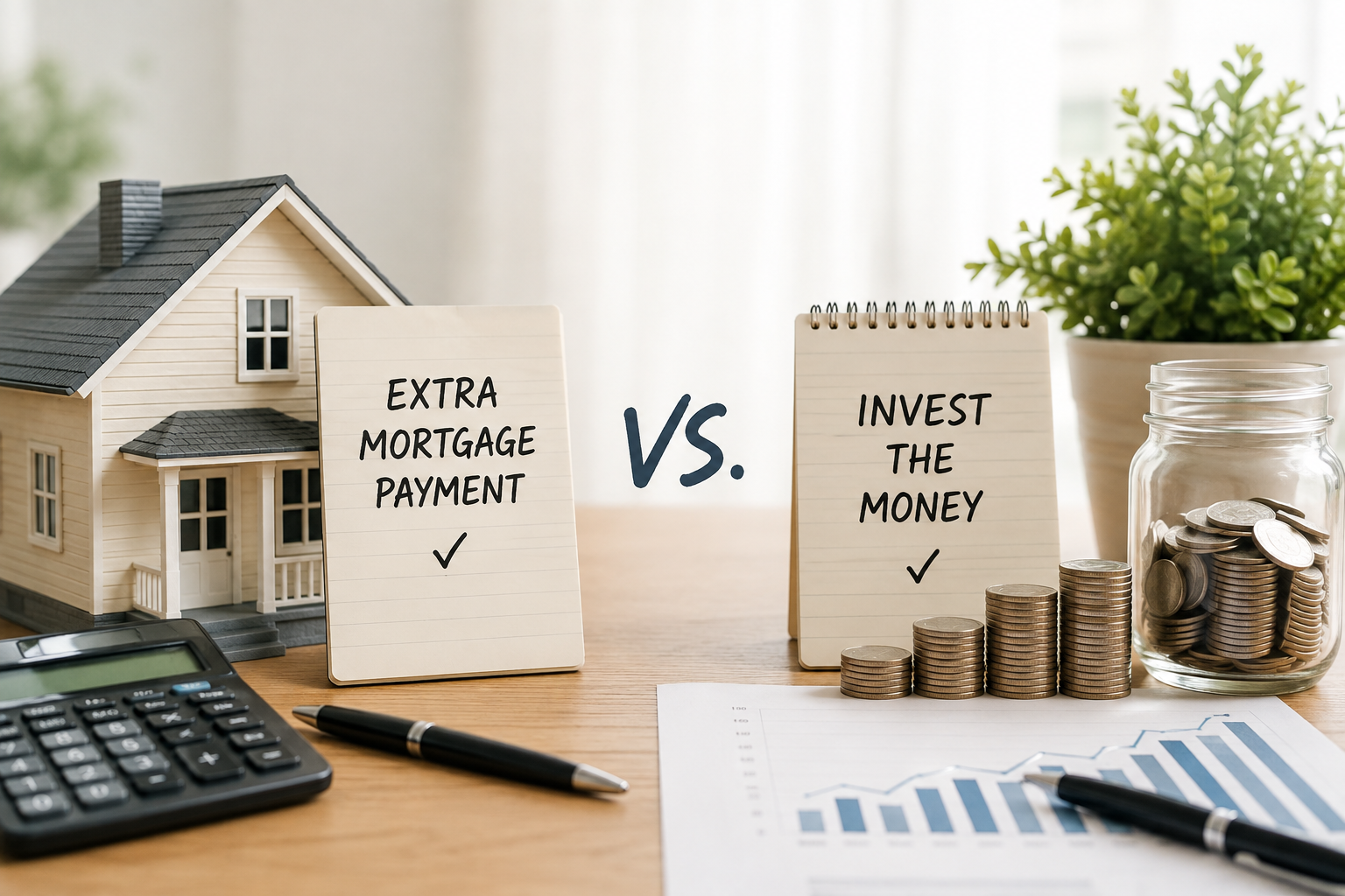 Is It Better to Make Extra Mortgage Payments or Invest the Money? header image.