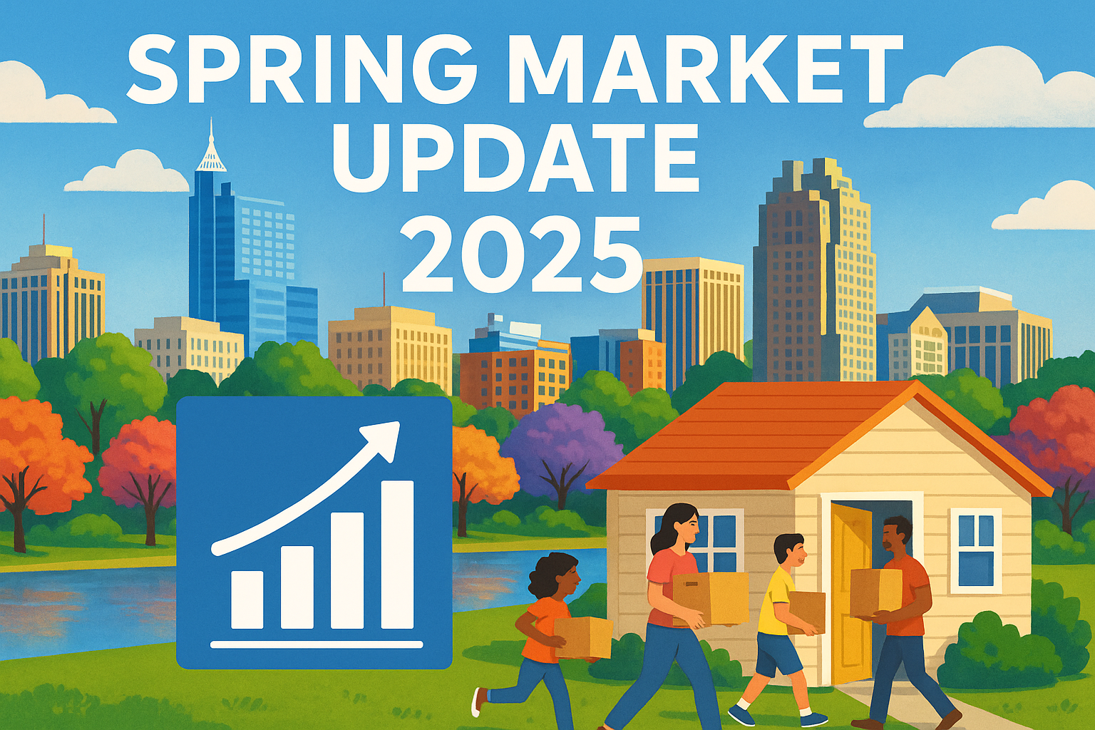Image of a vibrant NC Triangle skyline with “Spring Market Update 2025” text overlay, featuring a chart of rising home sales and a family moving into a home, optimized for accessibility.