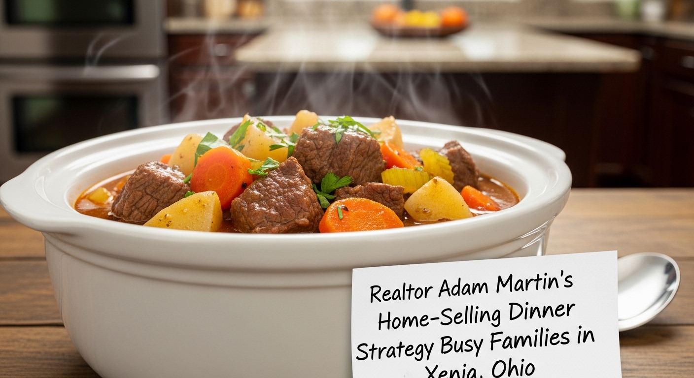A close-up vertical image of slow cooker beef stew in a white ceramic bowl. The stew includes tender chunks of beef, carrots, potatoes and celery in a rich brown broth, garnished with parsley. This one-pot, low-odor comfort meal is part of Realtor Adam Martin’s home-selling dinner strategy for busy families in Xenia, Ohio.