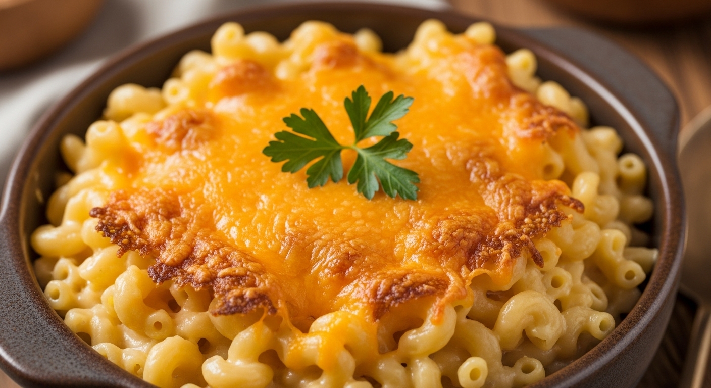 Close-up image of creamy slow cooker mac and cheese in a ceramic bowl. A kid-friendly dinner tip from Realtor Adam Martin in Xenia, Ohio for keeping kitchens clean and odor-free while selling your home.