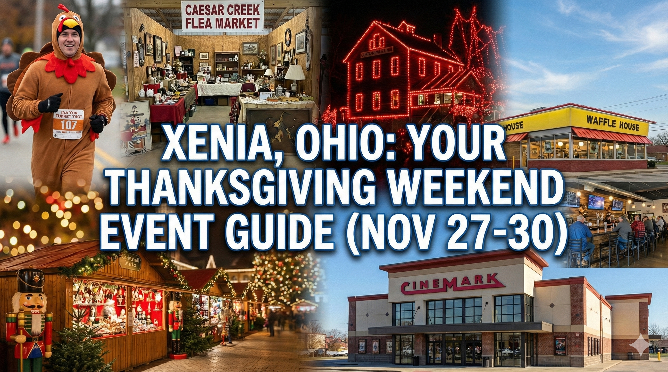 Collage of Xenia Ohio weekend events including Clifton Mill Christmas lights, turkey trot runner, and Caesar Creek Flea Market.