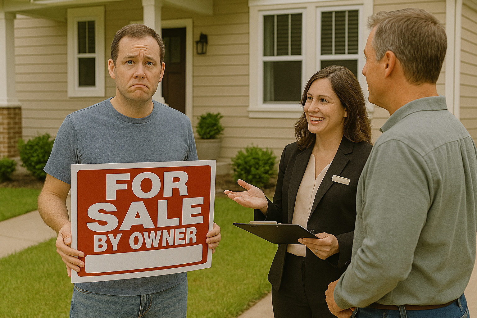 A 'For Sale By Owner' sign in the yard of a Xenia, Ohio home, representing the choice between selling a house independently versus hiring a professional Realtor.