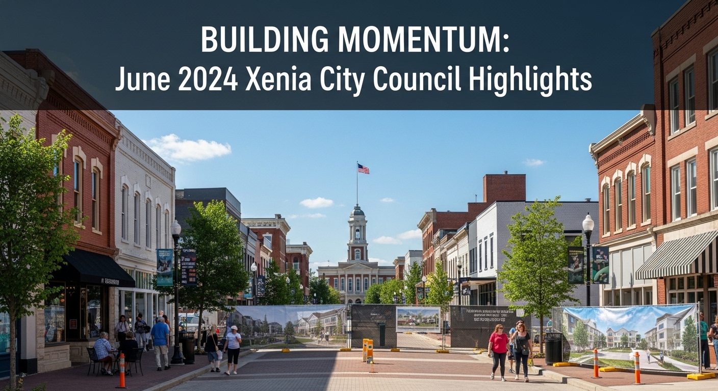 A conceptual plan or current photo of Xenia's Market District (formerly Towne Square), highlighting the area set for redevelopment as discussed in the June 2024 City Council meeting.