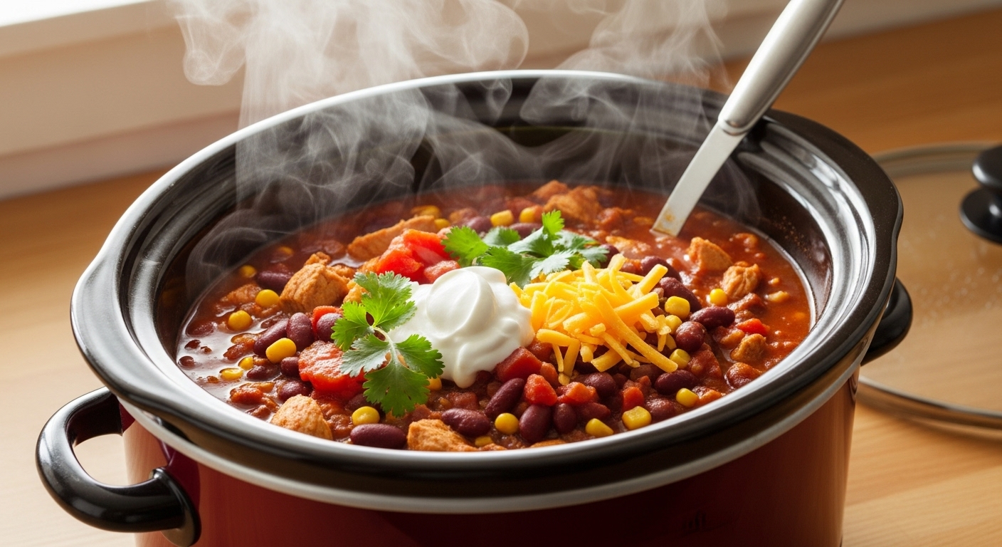 A warm bowl of creamy slow cooker white chicken chili, an ideal low-odor and easy-cleanup meal for homeowners selling their house.