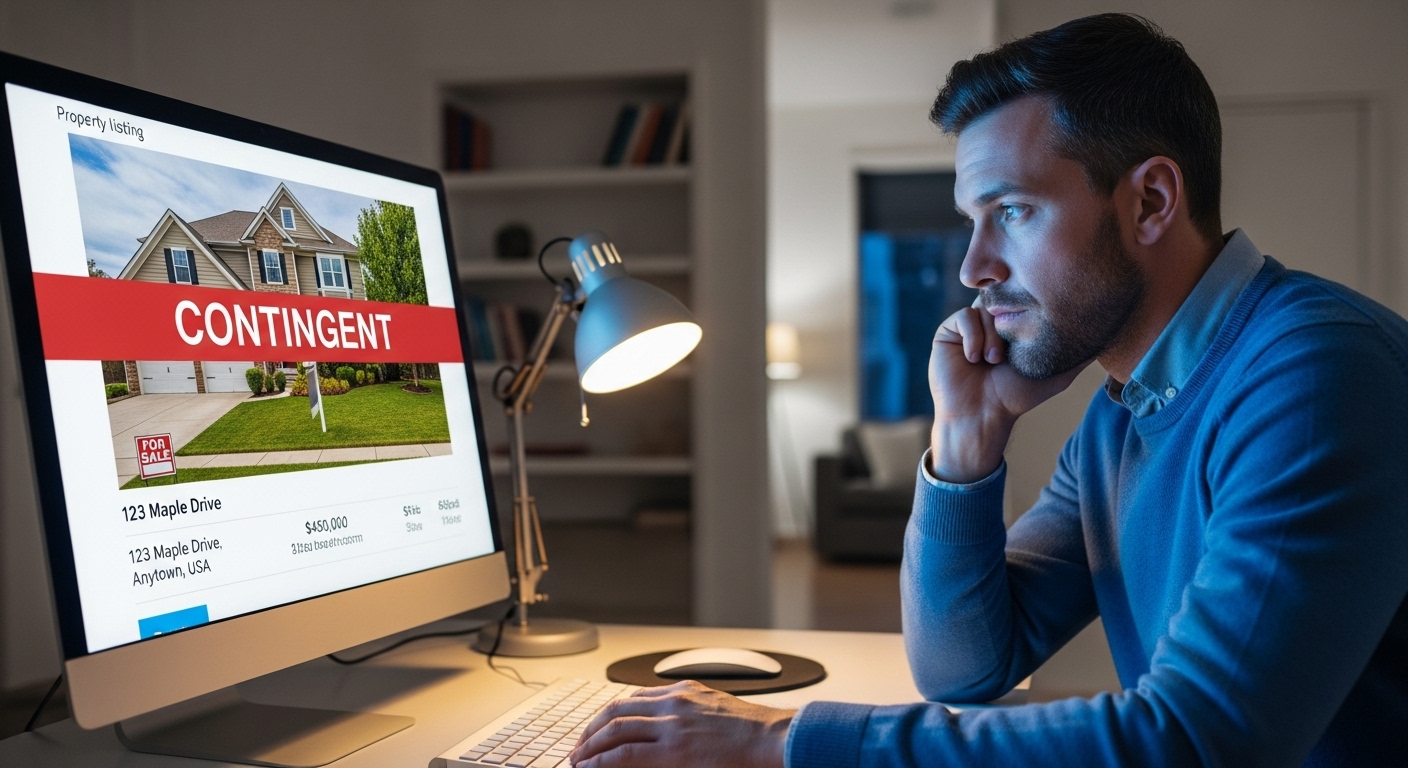 Contingent listing explained Xenia Ohio homebuyer reviewing offer status on real estate platform