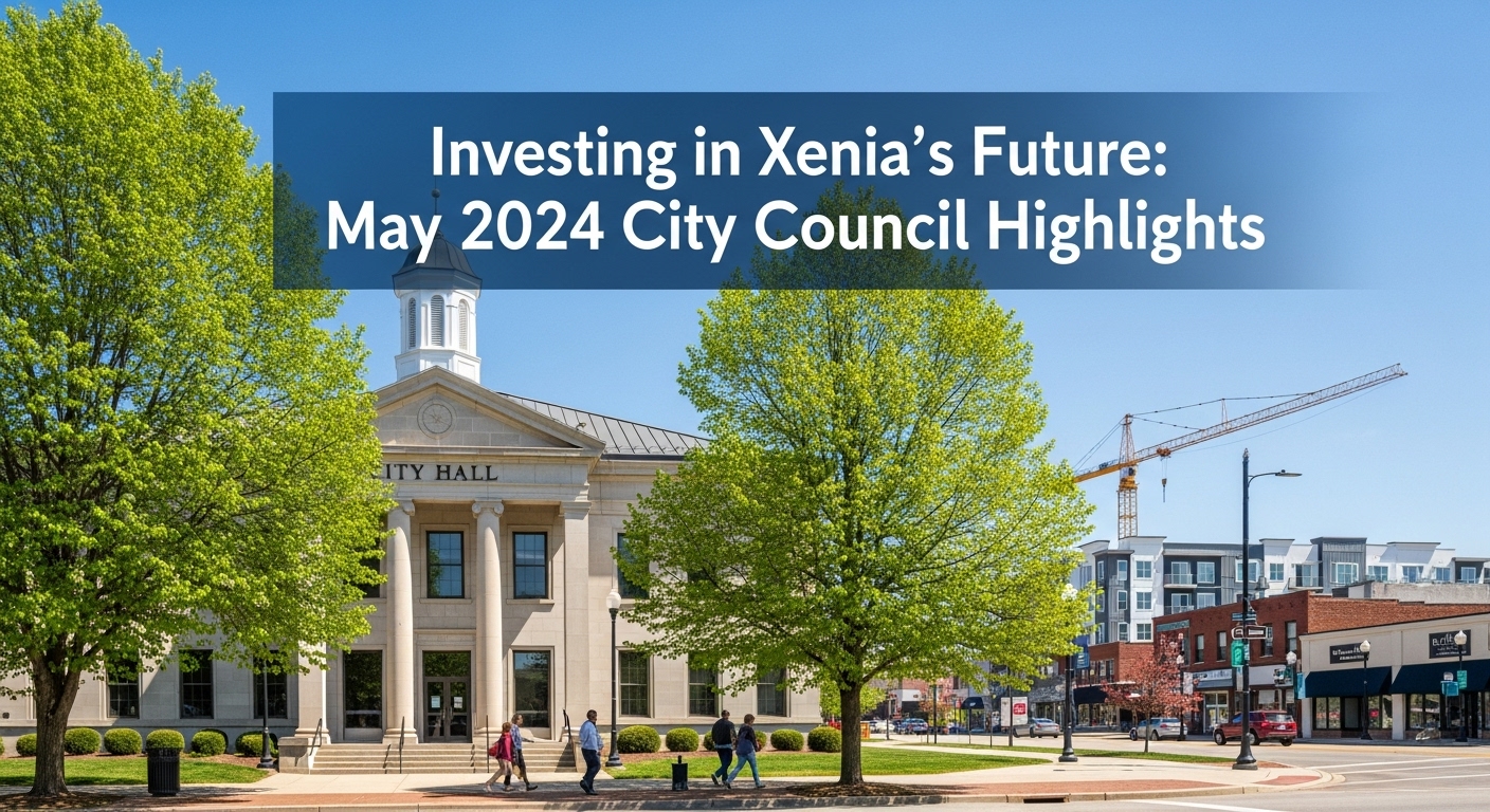 The Xenia City Hall building on a sunny day, with a view of the downtown area showing ongoing development and community investment.