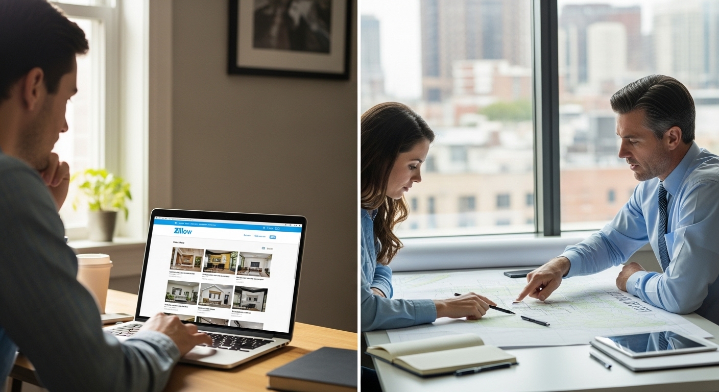 Side-by-side image of a person browsing Zillow on a laptop versus sitting at a table with a Realtor discussing a real home strategy.