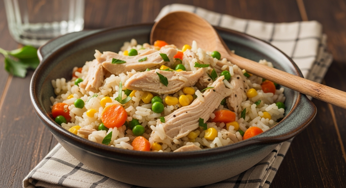 A vertical portrait of slow cooker chicken and rice served in a white bowl with visible peas and carrots. This easy, kid-friendly dinner idea is perfect for families in Xenia, Ohio keeping their home show-ready. Shared by Realtor Adam Martin as part of a meal plan guide for stress-free home selling.