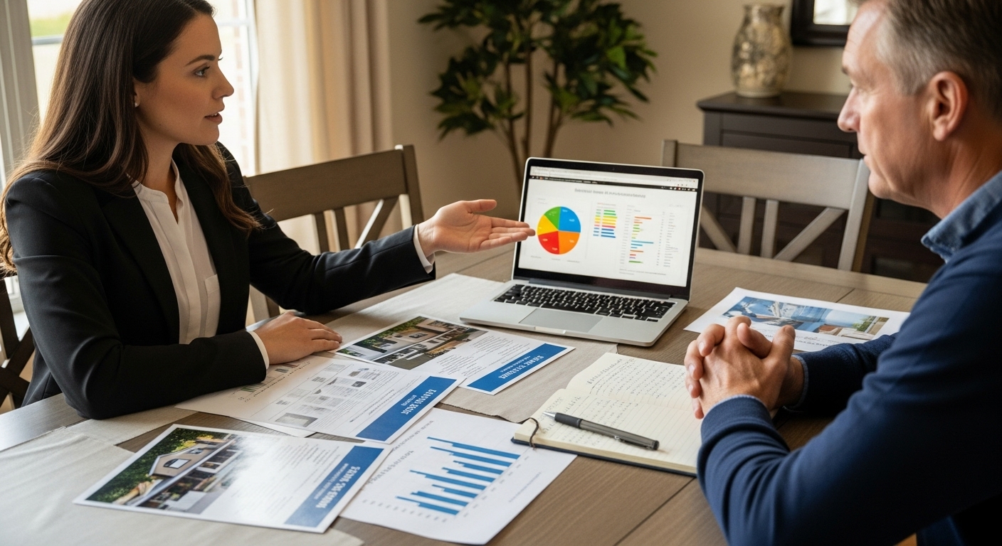  A Realtor presenting a marketing plan to a home seller across a dining table or desk with charts, flyers, and a laptop open.