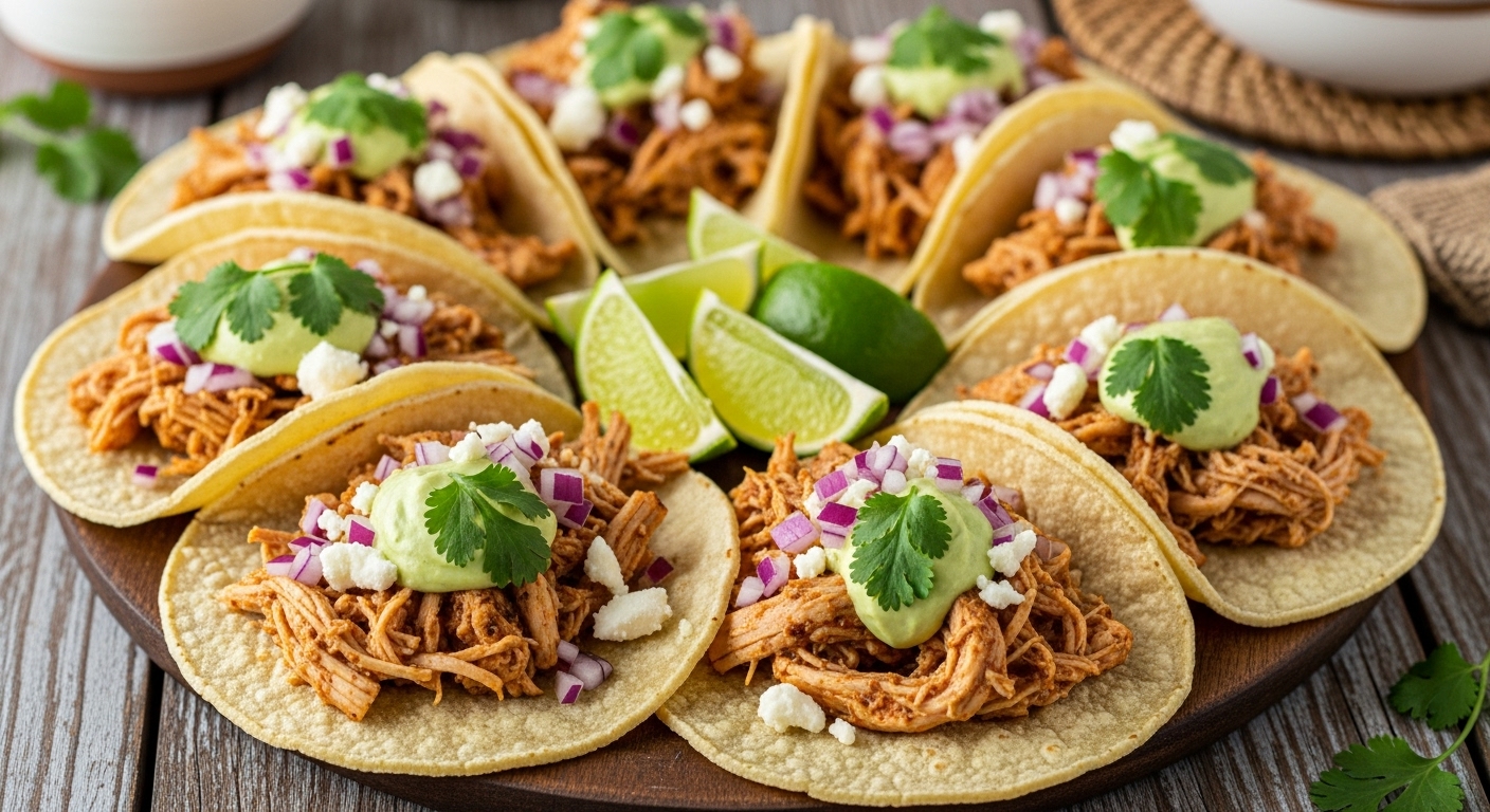 A plate of easy slow cooker chicken tacos with fresh toppings, a perfect mess-free and low-odor meal for homeowners selling their house.