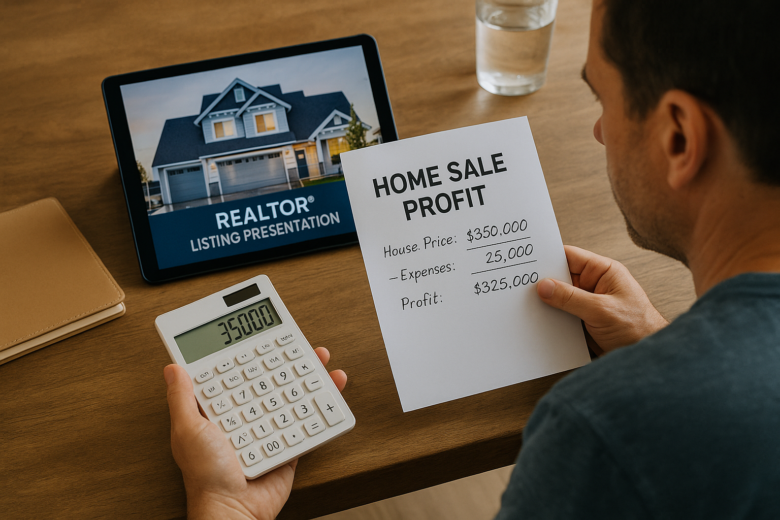 A homeowner calculating potential profit from a home sale with a Realtor’s listing presentation open on a tablet or printed report.