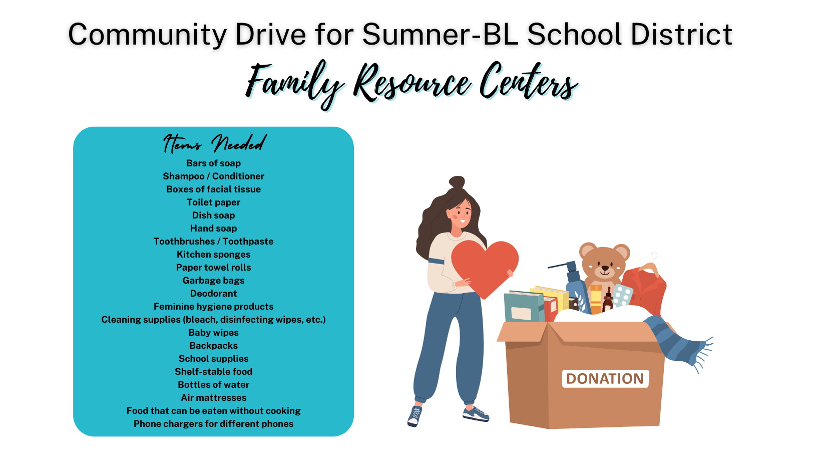Help Stock the Shelves of the Sumner Bonney Lake School District Family Resource Centers header image.