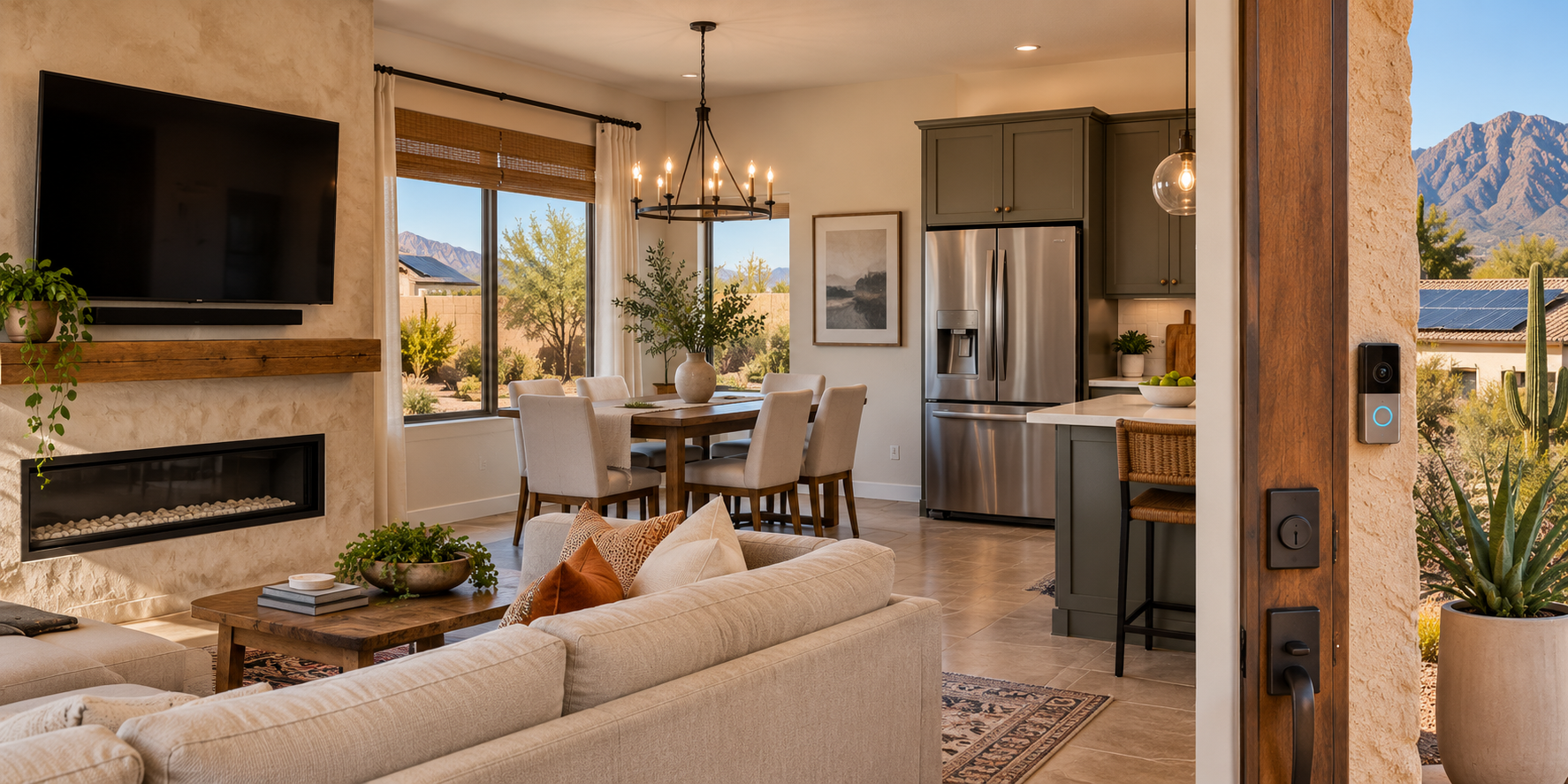 Arizona home interior showing a wall-mounted television, light fixture, refrigerator, smart thermostat, and other items that can raise fixture-versus-personal-property questions during a home sale.