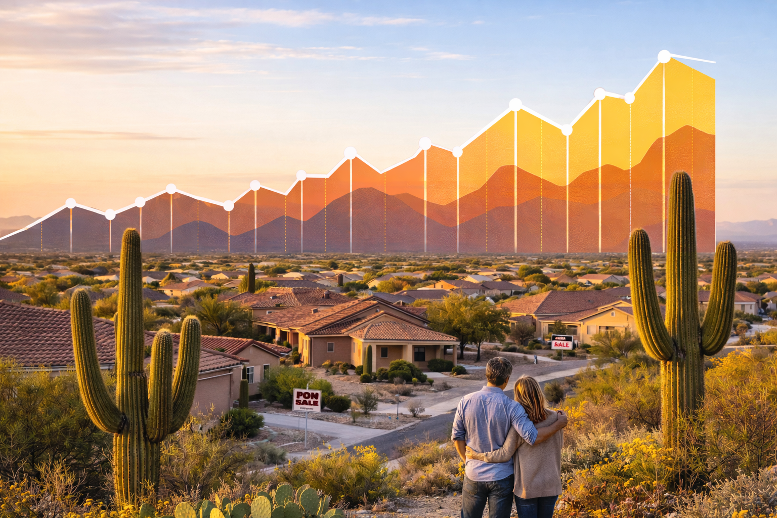 A residential Tucson neighborhood at golden hour featuring Southwestern homes, desert landscaping, and saguaro cacti. The mountain backdrop is creatively styled as a market trend graph, symbolizing pricing stability, inventory balance, and negotiation returning to the Tucson resale housing market.