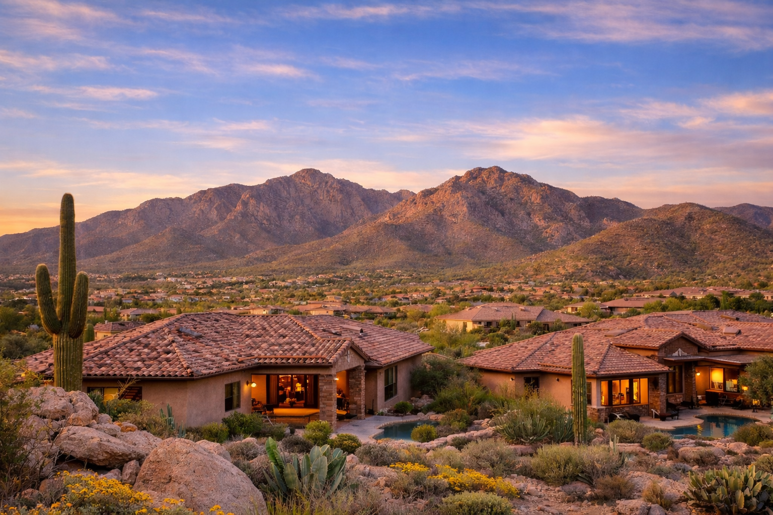 Dove Mountain homes in Marana Arizona with desert landscaping, mountain views, and Sonoran desert surroundings