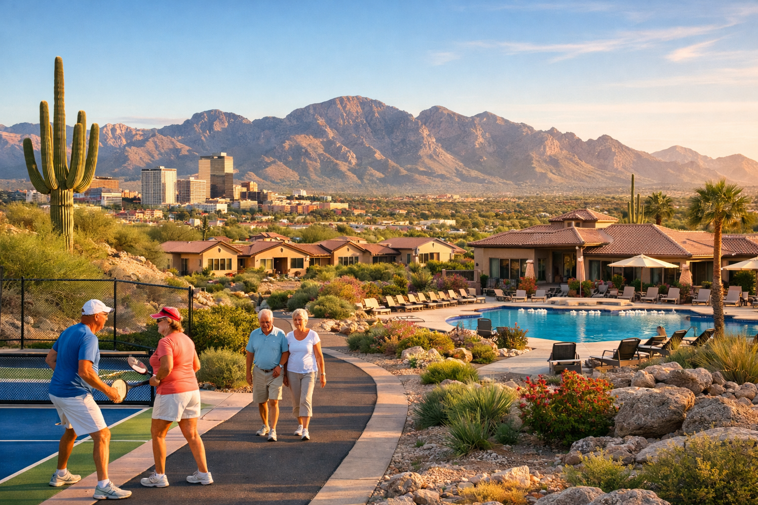  An Arizona active adult community with desert landscaping, single-story homes, and mountain views under a clear blue sky.