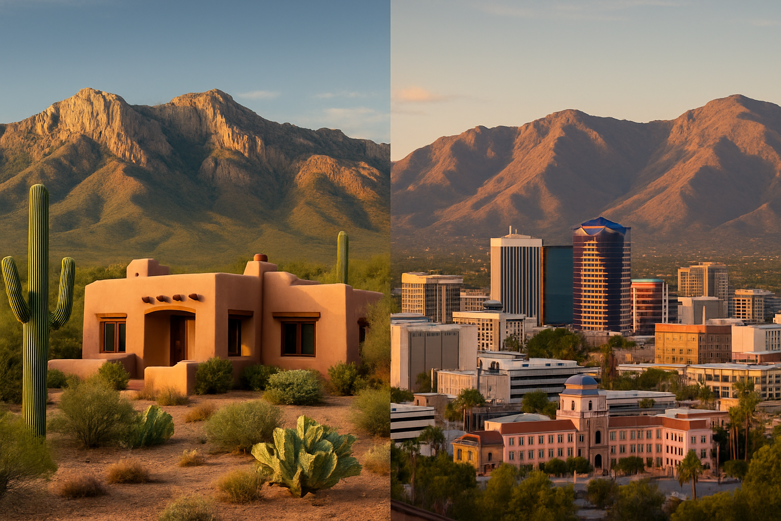 A panoramic view of Oro Valley and Tucson with mountain backdrops, representing a comparison of two Arizona real estate markets