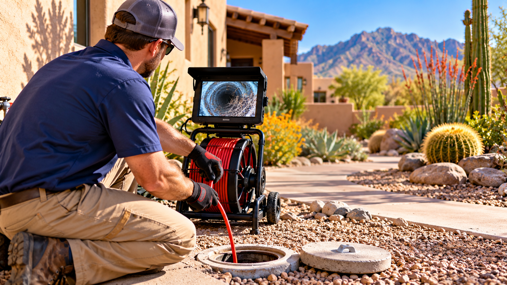 Plumbing professional using sewer camera inspection equipment beside an outdoor cleanout at a Tucson home, with desert landscaping and mountains in the background.