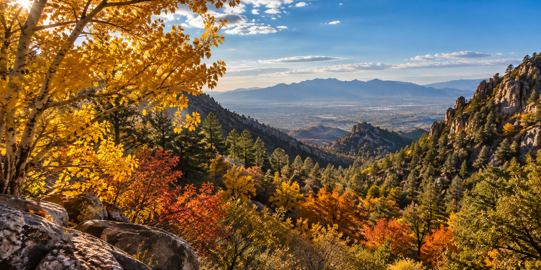 Golden and red fall foliage among mountain trees in Southern Arizona with rugged mountains and desert scenery near Tucson.