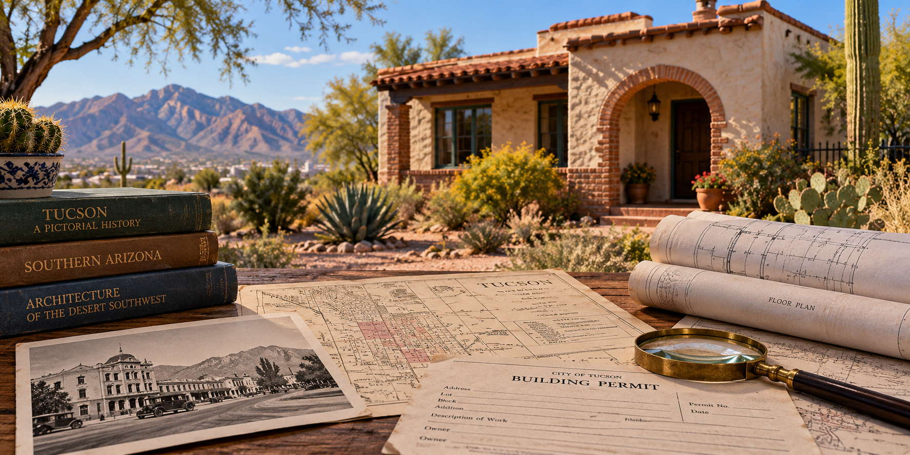 Historic Tucson home with old property records, maps, and building plans arranged in the foreground to represent researching a home’s history.