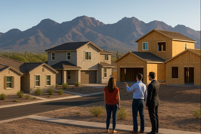 New construction homes in Marana Arizona with finished and in-progress builds against a mountain backdrop.