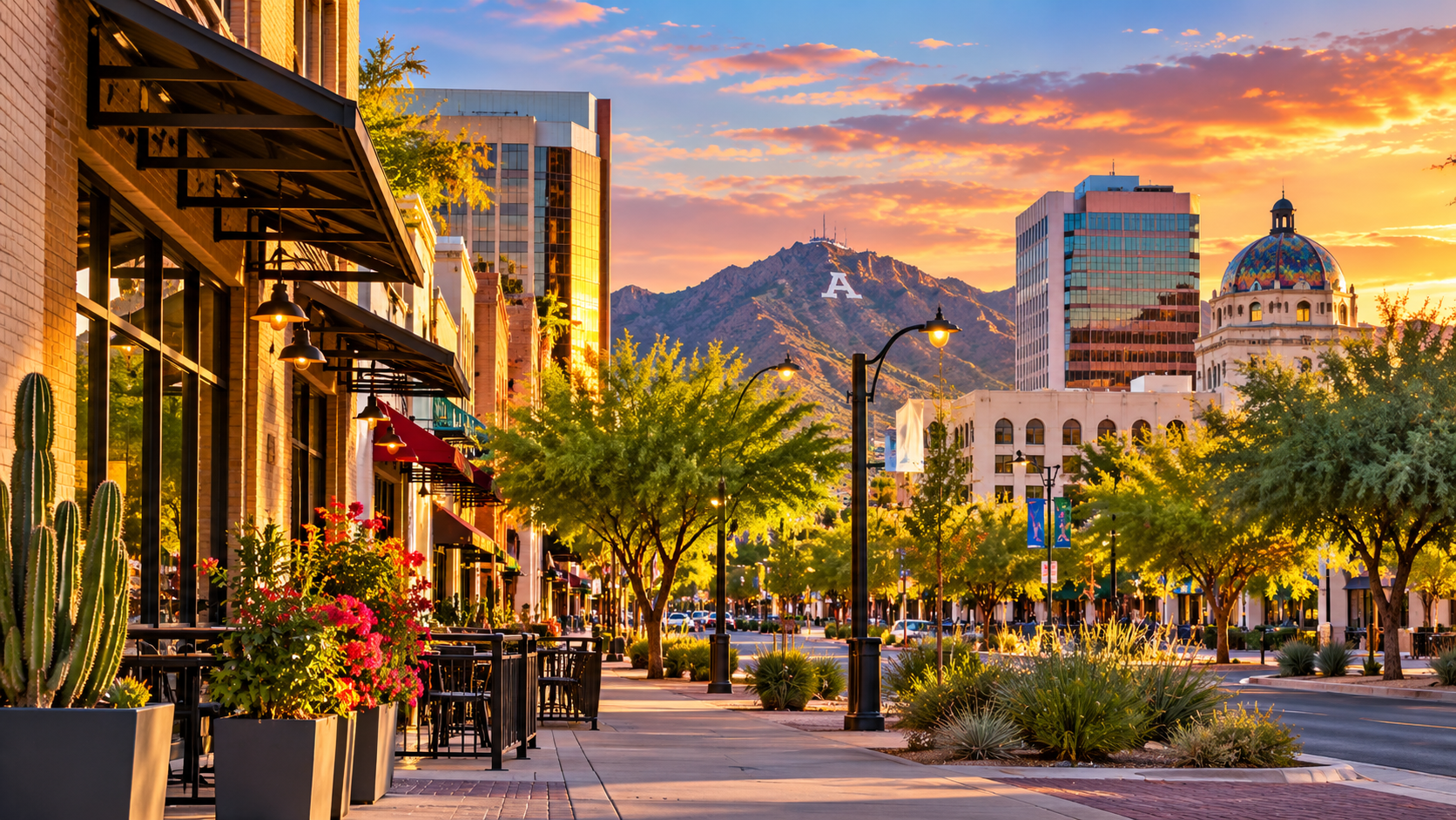 Illustrated downtown Tucson streetscape featuring storefronts, sidewalk seating, desert landscaping, and mountains at sunset.