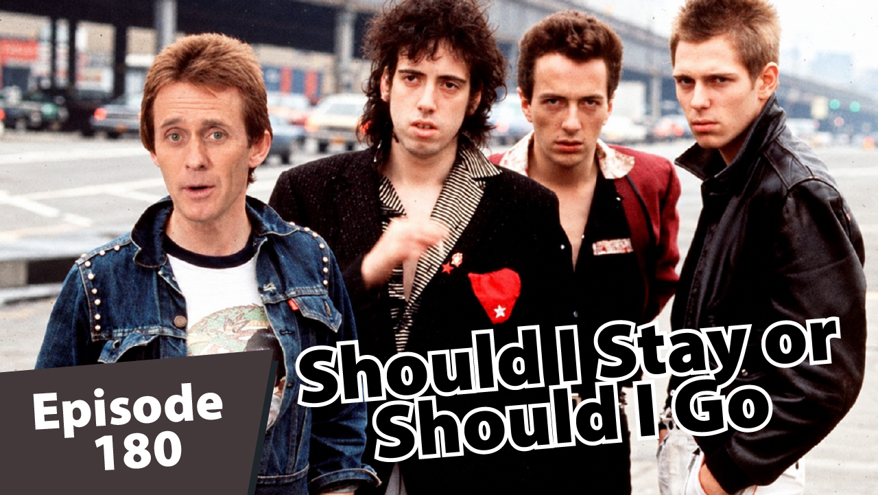 Ski Summit Show Episode 180 thumbnail featuring Matt Dayton’s face on a red-haired man in a denim jacket alongside three bandmates, with text reading “Should I Stay or Should I Go.”