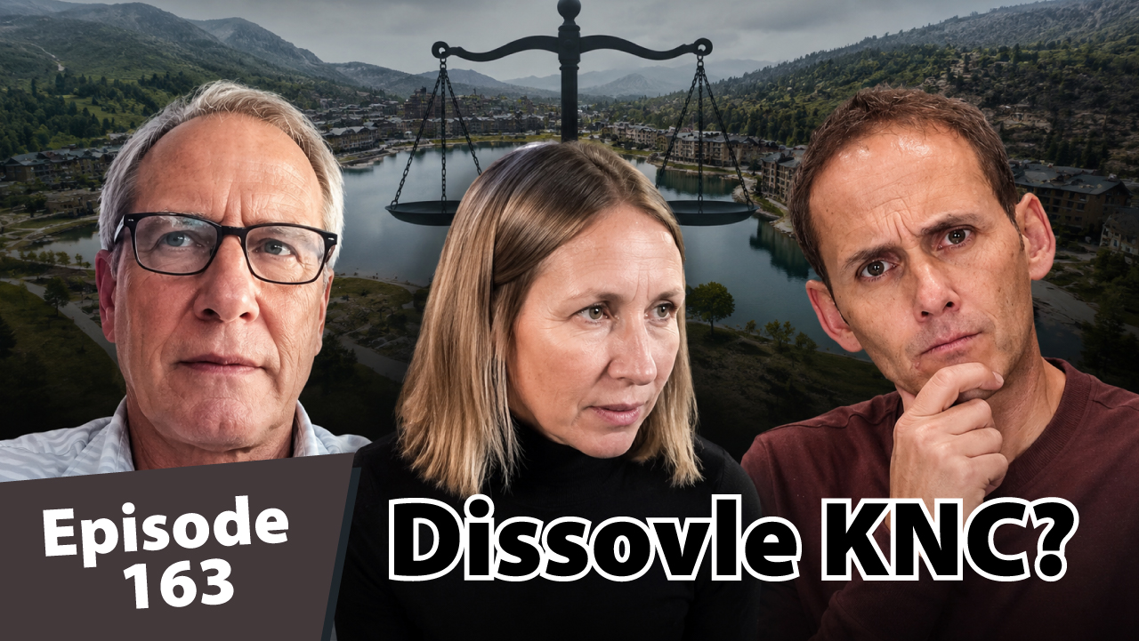 Three people from The Ski Summit Show appear in a dramatic editorial-style thumbnail in front of a mountain resort lake, with a faint scale of justice behind them to represent the KNC lawsuit and Keystone homeowner governance discussion.