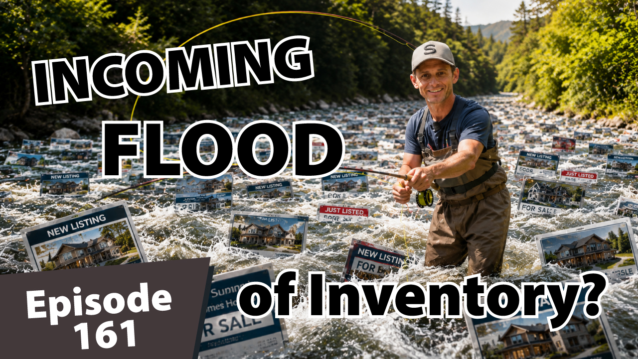 Matt Dayton stands waist-deep in a rushing mountain river while fly fishing as dozens of floating “For Sale” signs and real estate listings drift downstream around him, symbolizing a flood of new inventory entering the Summit County real estate market.