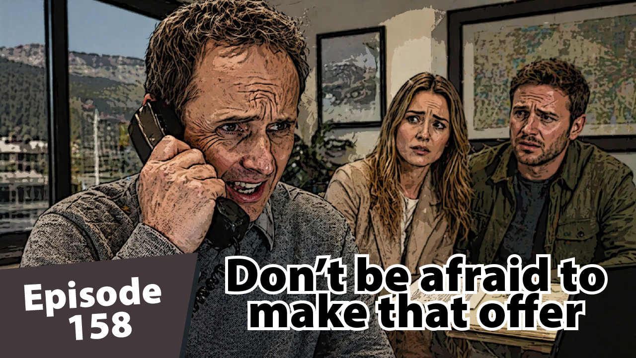 A stylized, comic book–style image of a stressed real estate agent on the phone, speaking to an upset seller, while a nervous couple sits behind him at a table with paperwork, watching anxiously in a mountain-view office setting.