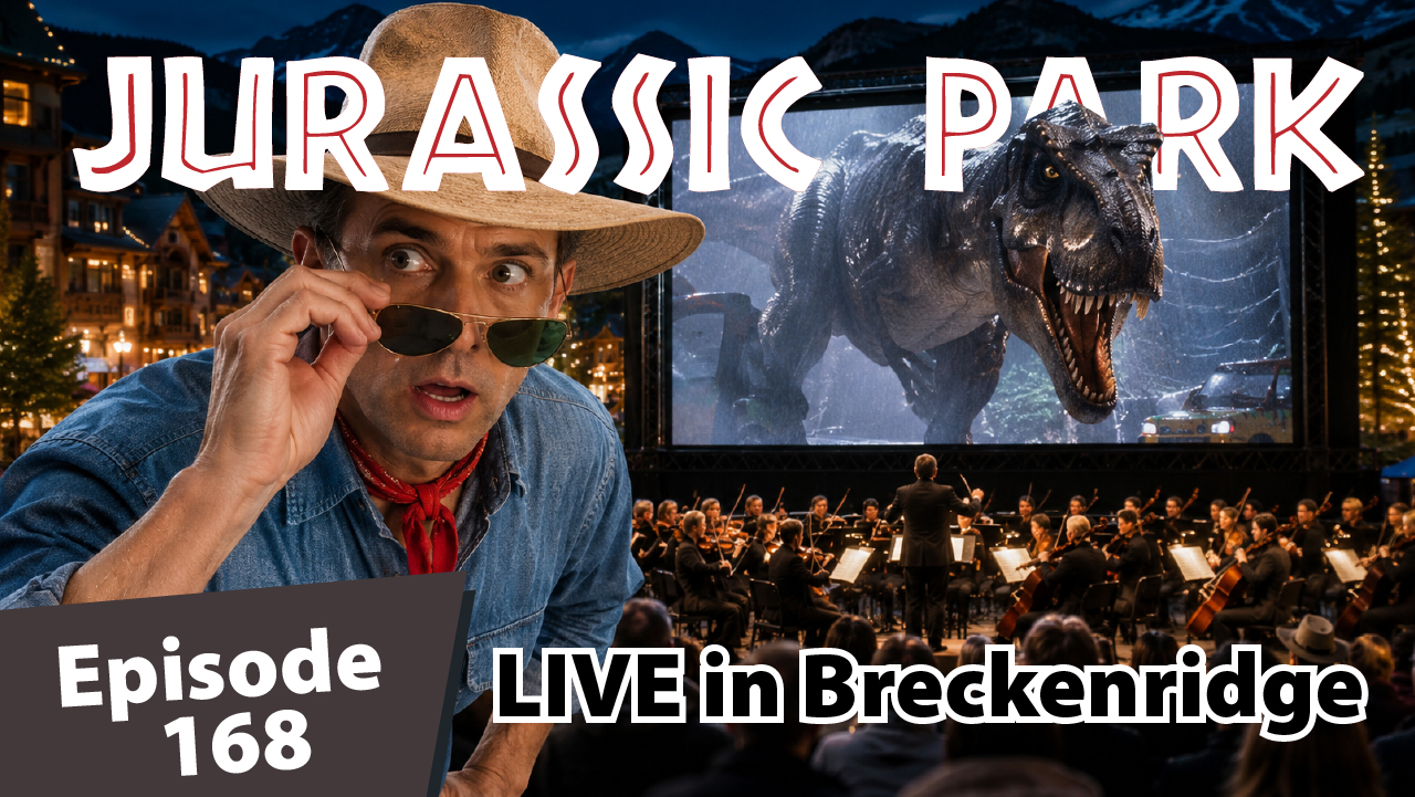 Thumbnail for The Ski Summit Show featuring Matt Dayton dressed like a classic adventure paleontologist, lowering his sunglasses with a surprised expression as a giant dinosaur roars on a movie screen behind a live orchestra performing outdoors in Breckenridge at night. The scene is overlaid with the title “Jurassic Park,” plus “Episode 168” and “LIVE in Breckenridge.”