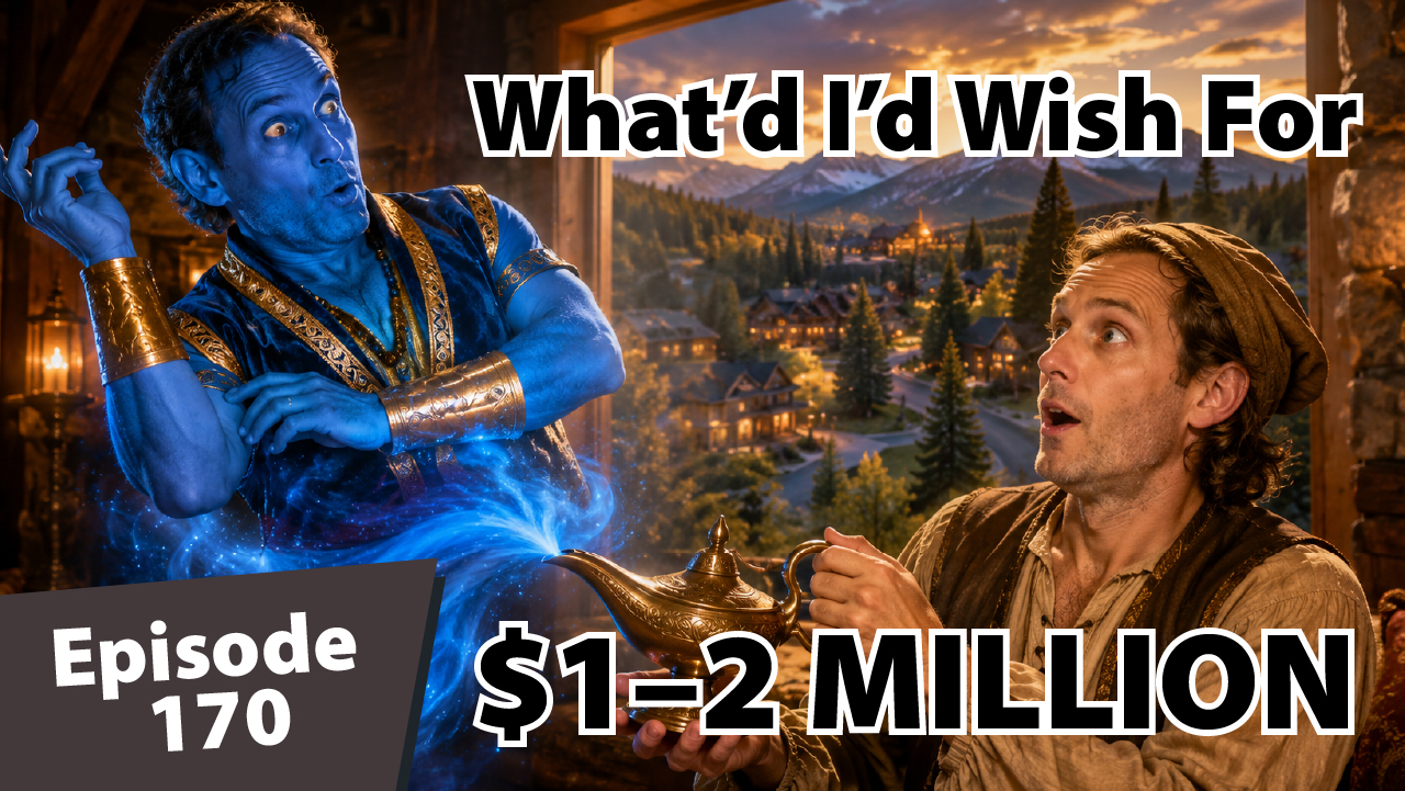 Thumbnail for Episode 170 of The Ski Summit Show showing Matt Dayton in a humorous dual role: as a blue genie emerging from a magic lamp and as a surprised young villager holding the lamp inside a mountain cabin overlooking a luxury Summit County neighborhood at sunset. Large text reads, “What’d I’d Wish For,” “$1–2 MILLION,” and “Episode 170.”