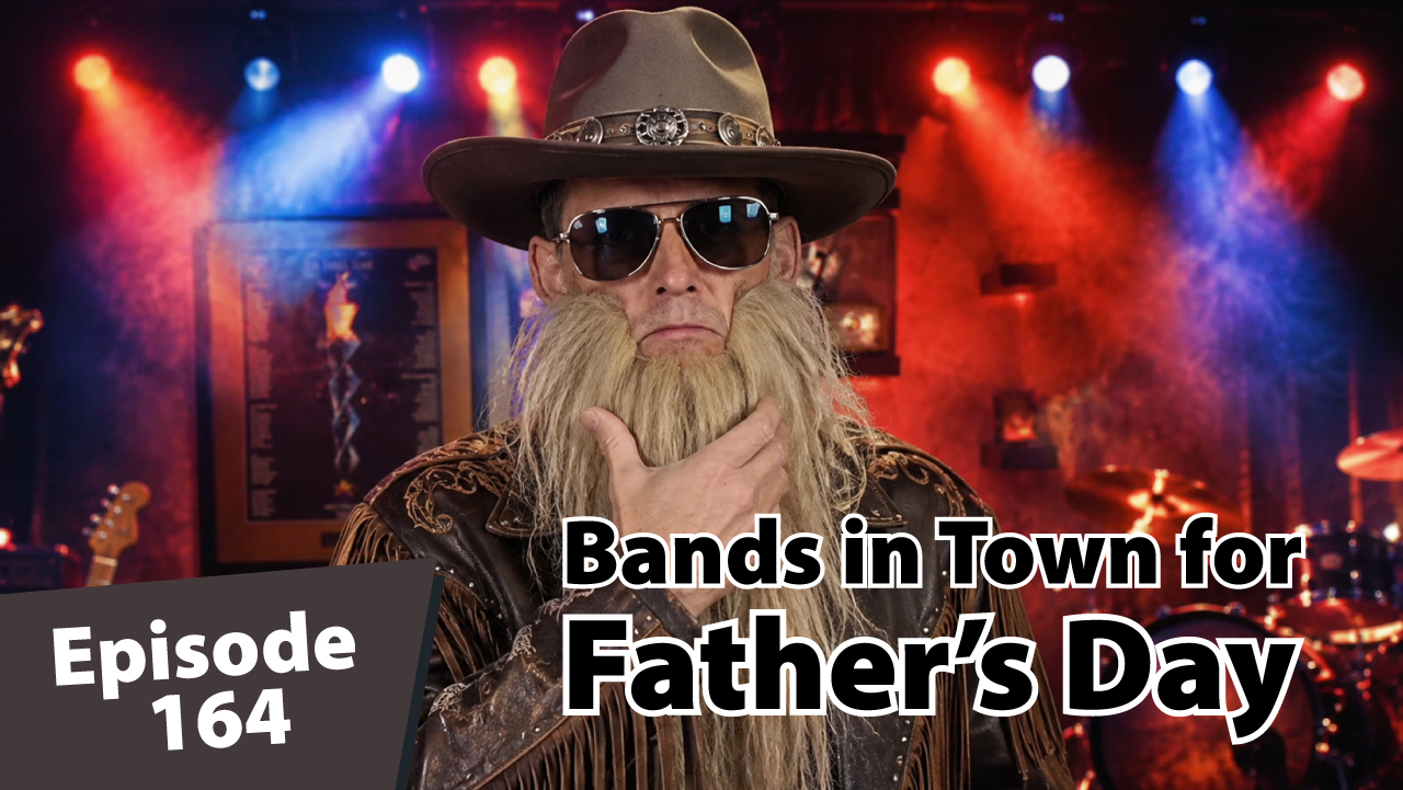 Thumbnail for Episode 164 of The Ski Summit Show featuring Matt Dayton dressed as a humorous ZZ Top-style rock band member. Matt wears a large cowboy hat, aviator sunglasses, a long flowing beard, and a fringed leather jacket while standing under colorful red, blue, and purple stage lights. A concert stage with instruments and dramatic lighting fills the background. Text on the thumbnail reads “Episode 164” and “Bands in Town for Father’s Day,” highlighting local Father’s Day weekend concerts and events in Summit County, Colorado.