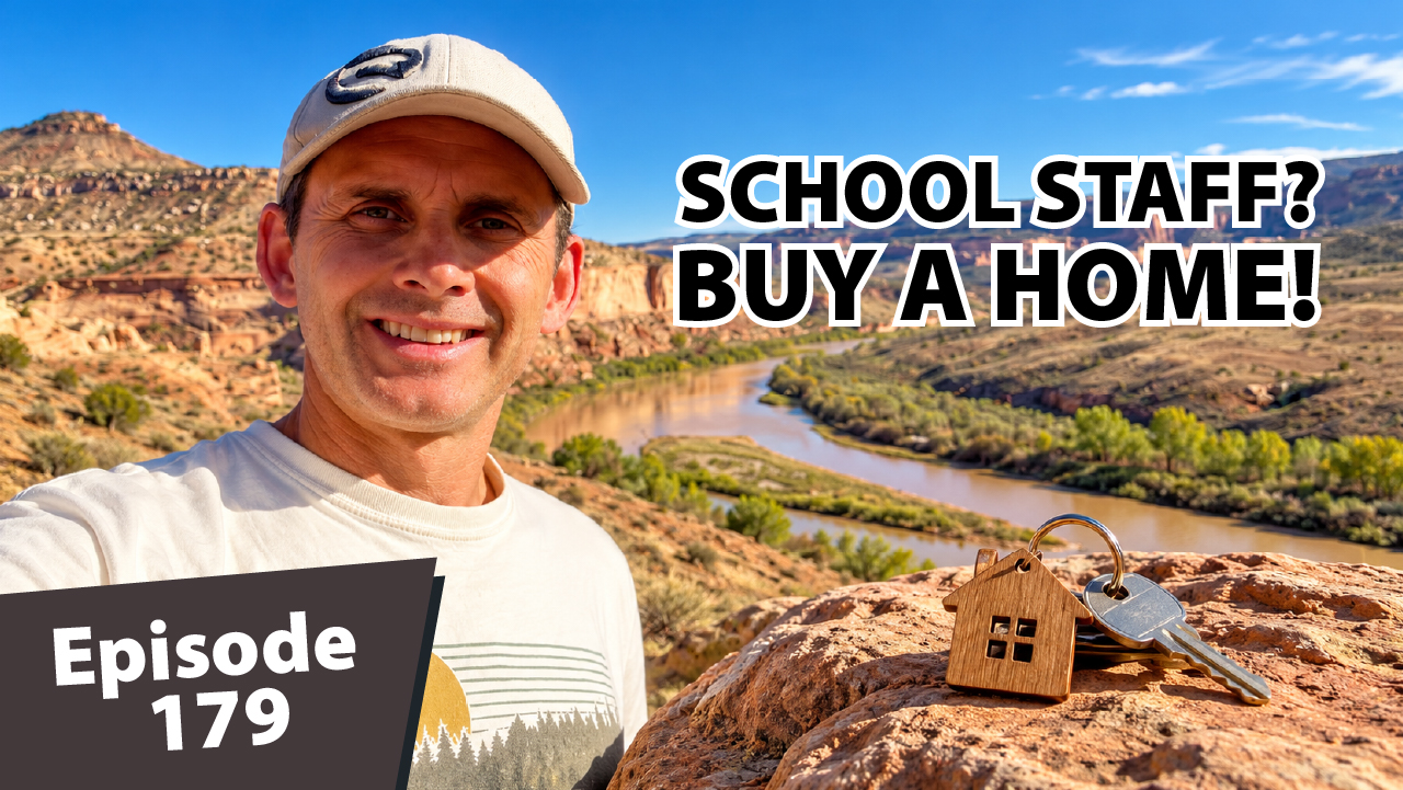 Matt Dayton smiles in a beige cap and cream shirt overlooking a Colorado desert river canyon. A wooden house-shaped keychain and metal keys rest on a sandstone ledge in the foreground.