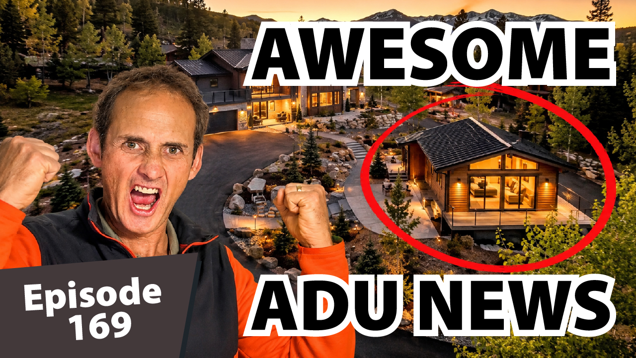 Matt Dayton celebrates in front of a luxury mountain home at sunset while a modern accessory dwelling unit (ADU) is highlighted with a red circle, representing Breckenridge’s new ADU policy changes.