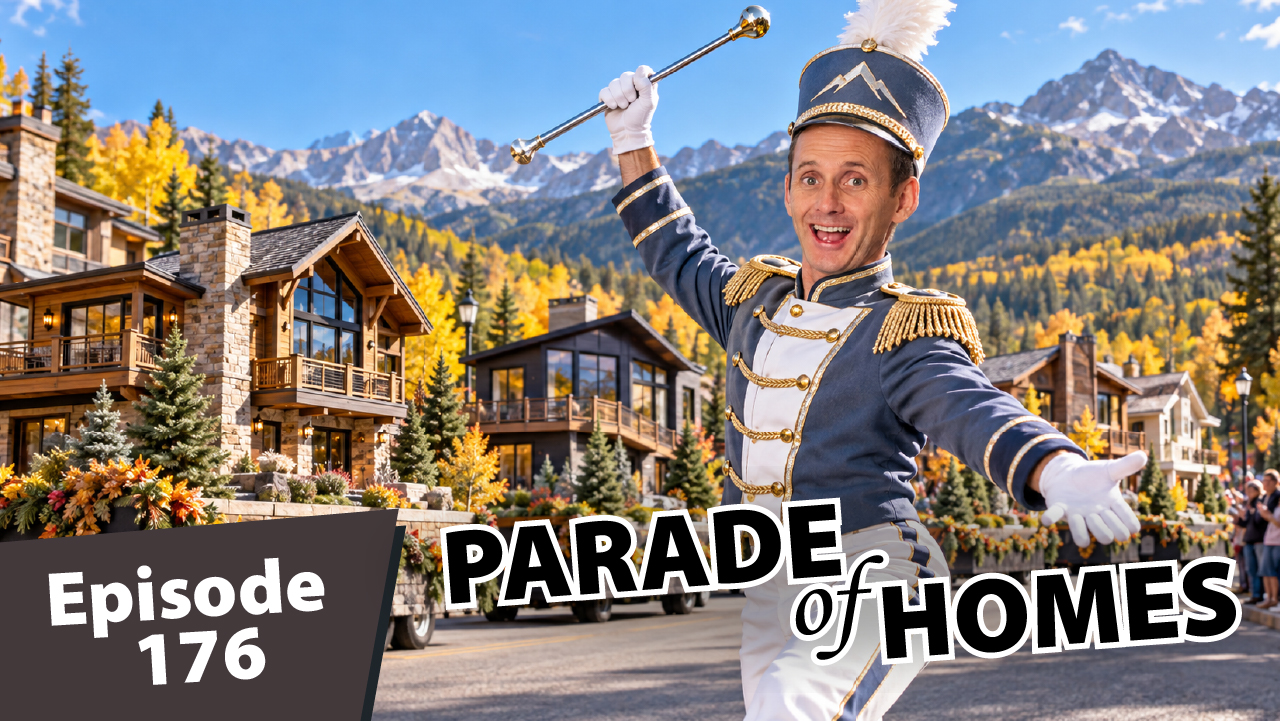 Matt Dayton enthusiastically twirls a baton while leading a parade of luxury mountain homes through a Colorado town surrounded by golden aspens and rugged peaks.