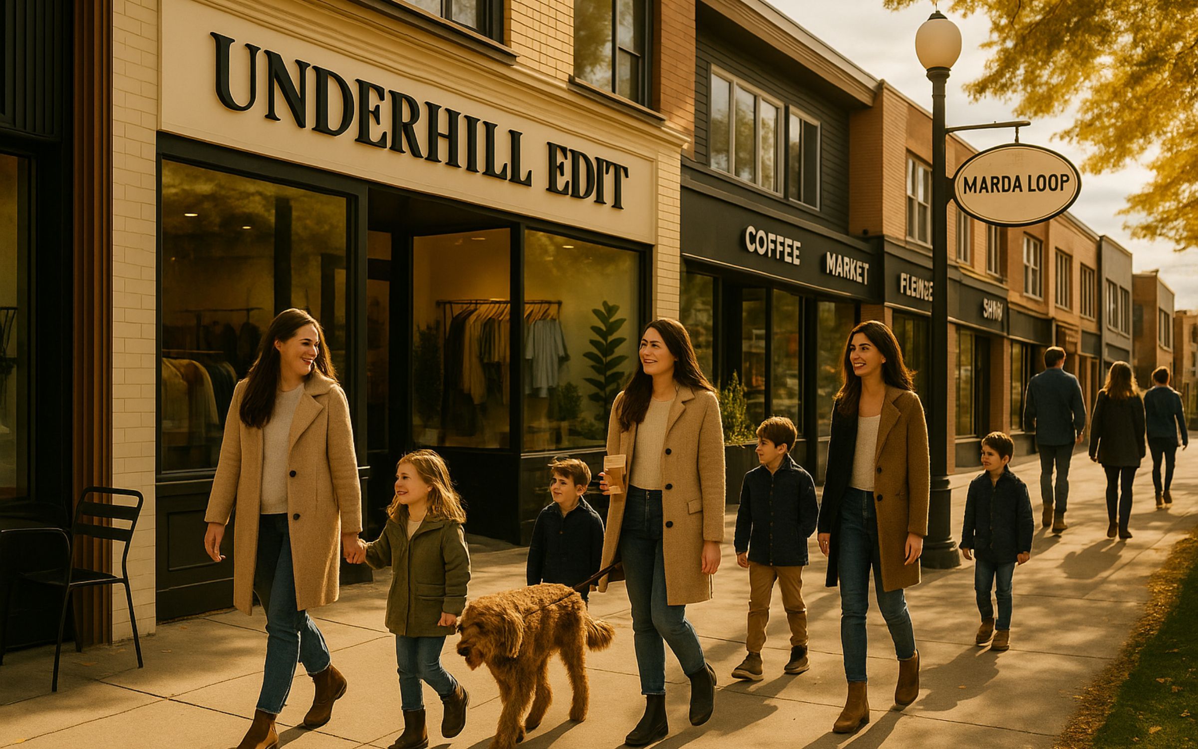 People walking past shops during fall, with families, kids, and a dog on a sunny day.