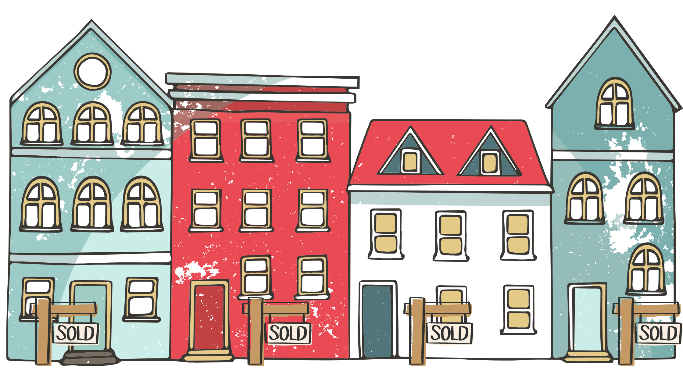 a row of illustrated row homes with 
