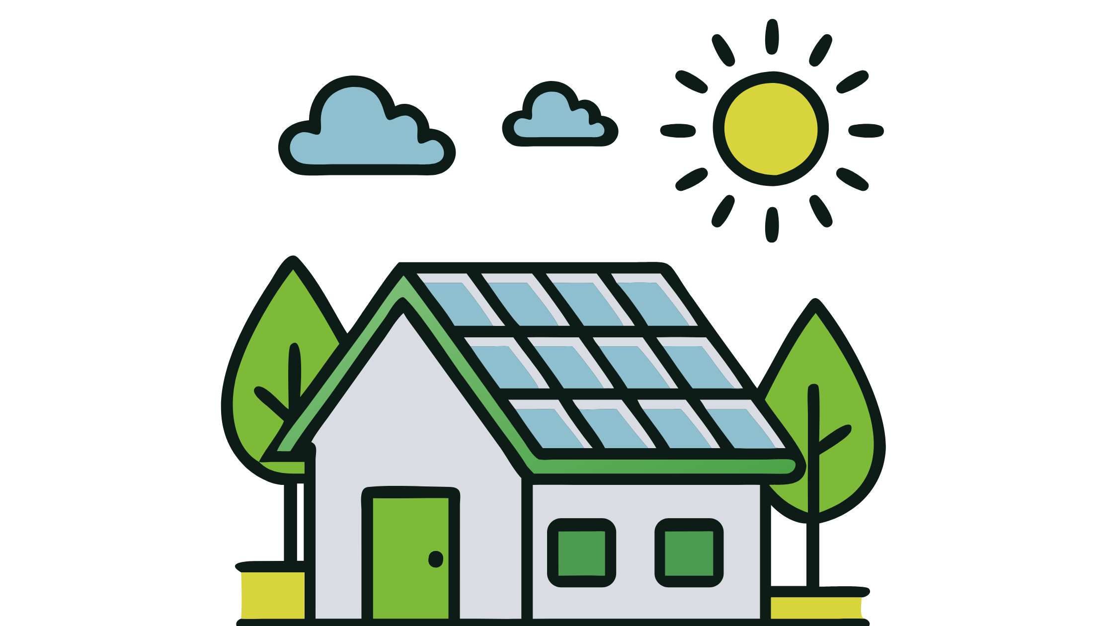 A simple graphic of a house with solar panels against a solid white background