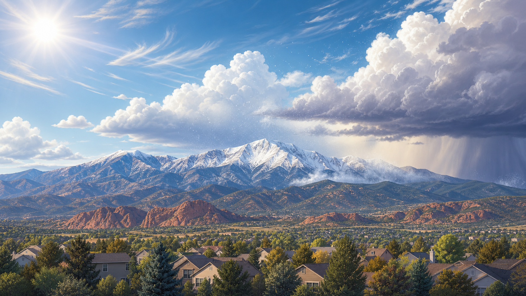 Editorial illustration of Pikes Peak under changing Colorado Springs sun, clouds, rain, and mountain snow