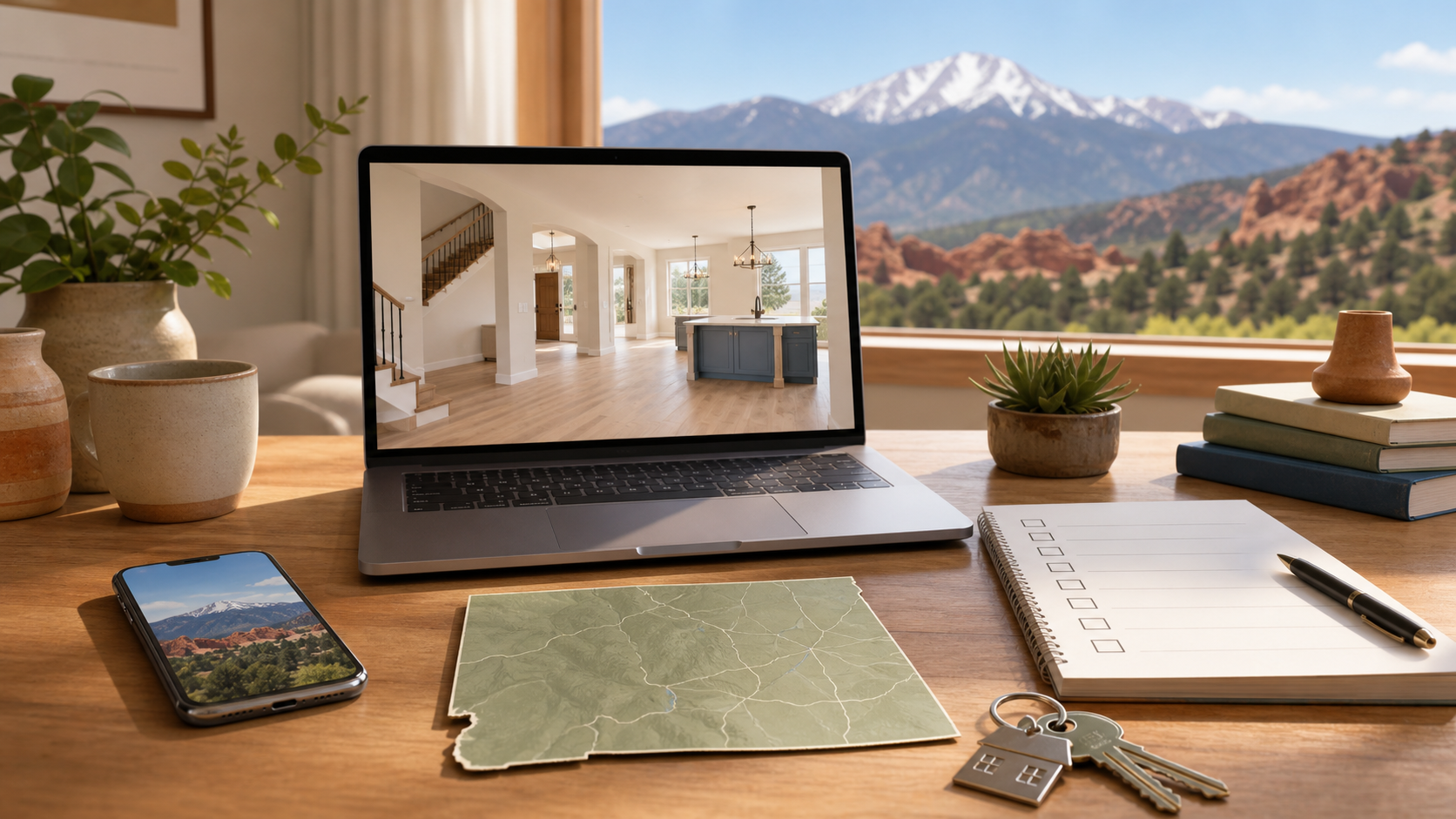 Editorial illustration of a laptop video home tour, Colorado map, checklist, house keys, and Pikes Peak